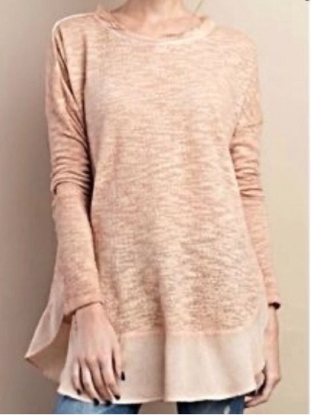 Anthropologie Deletta Blush Pink Off-Shoulder Knit Sweater with Chiffon Trim